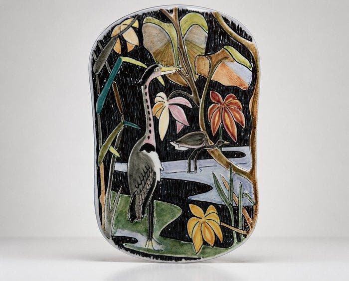 Laholm Keramik - Wandbord - rode klei met sgraffito-techniek, Antiek en Kunst, Antiek | Meubels | Stoelen en Banken
