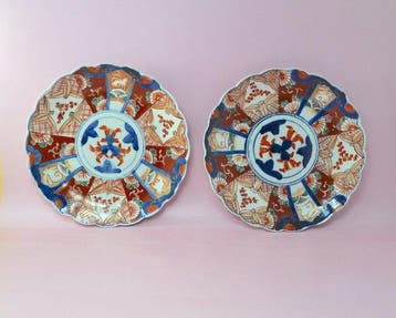 Japanse Imari-borden | Kobaltblauw, rood-oranje,