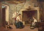Leon Caille (1836-1907) - Interior Mutter und Magd am Kamin, Antiek en Kunst