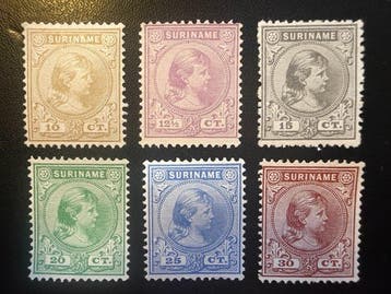 Suriname 1890/1893 - Prinses Wilhelmina - NVPH 23/28, Gestempeld