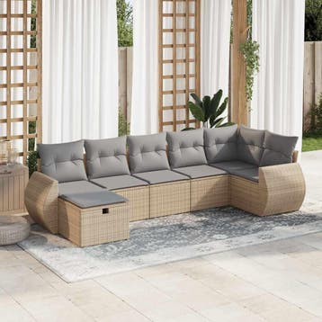 vidaXL 7-delige Loungeset met kussens poly rattan beige, Verzenden, Nieuw, 7 zitplaatsen, Loungeset