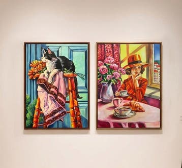 Camilo 70 x 100 - Díptico de una Mañana: Gato, Flores y Café