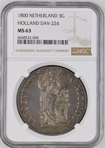 Bat.Republiek Holland 3 gulden 1800 MS63 NGC (pop 3/1), Postzegels en Munten, Munten | Nederland, Verzenden, Losse munt, Zilver