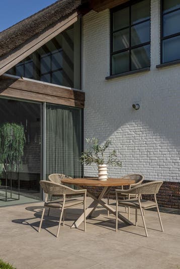 Sienna Prado dining tuinset 130 cm rond 5 delig zand teak, Tuin en Terras, Ophalen of Verzenden, Nieuw