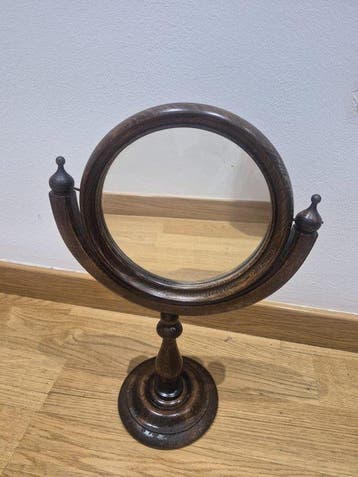 tabletop Shaving Mirror – Turned Dark Wood, Oval Swivel, Antiek en Kunst