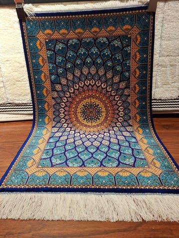 Turkooisblauw en oranje luxe zijden tapijt / klein, Nieuw