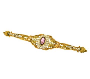 Broche - 19.2 kt. Geel goud Diamant (Natuurlijk) - Amethist