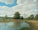 John G. Mace (1937-2023) - Cattle watering under a cloudy, Antiek en Kunst