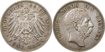 Duitsland 5 Mark Albert Sachsen 1893 Eschoene Patina vorz..., Verzenden