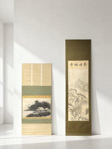 Set van 2 Japanse winterlandschap-hangscrolls: Sneeuwachtig