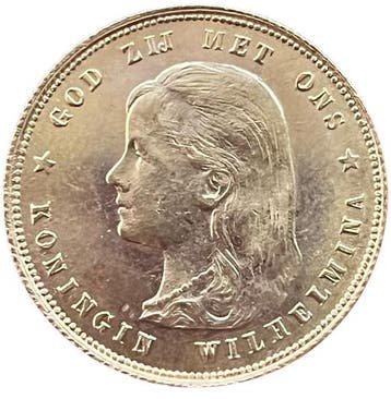 Gouden 10 gulden 1897 parels vast Wilhelmina, Postzegels en Munten, Verzenden, Goud, Koningin Wilhelmina, Losse munt