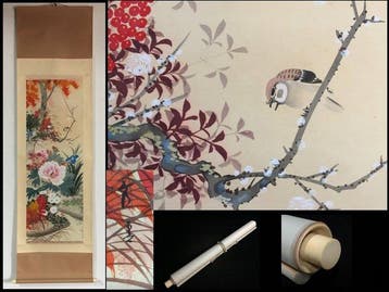 Antique Japanese Hanging Scroll - Hand-painted Luxury Peony
