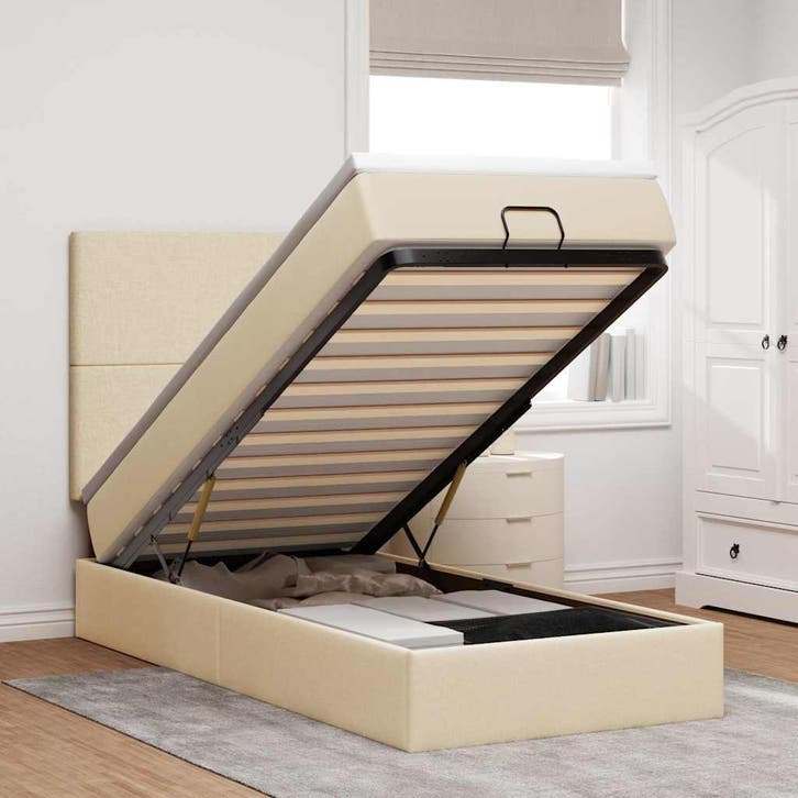 vidaXL Bed poef met matras en LEDs 90x200 cm stof, Huis en Inrichting, Slaapkamer | Bedden, 90 cm, 200 cm, Crème, Eenpersoons