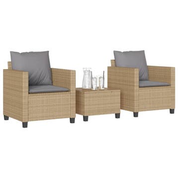 vidaXL 3-delige Bistroset met kussens poly rattan beige, Tuin en Terras, Verzenden, Nieuw