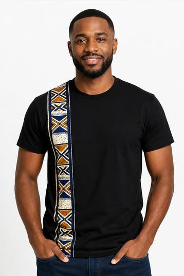 T-shirt met Afrikaanse print details - Blauw Bogolan Heritag, Kleding | Heren, T-shirts, Ophalen of Verzenden, Nieuw