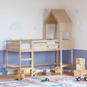 vidaXL Halfhoogslaper met ladder en bedhuis grenenhout, 90 cm, Eenpersoons, Bruin, Verzenden
