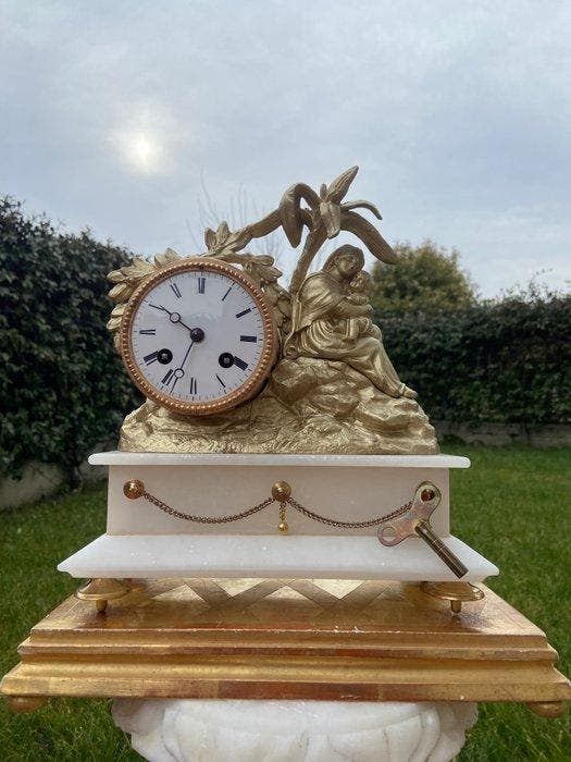 Klok - Albast, Messing - 1880-1920 - antieke schouwklok, Antiek en Kunst, Antiek | Klokken