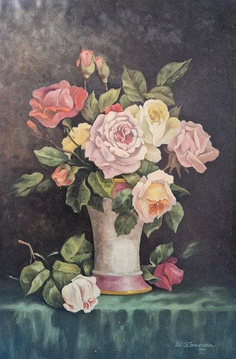 W. Dreesen (XX) - Stillleben mit Rosen in einer Vase, Antiek en Kunst, Kunst | Schilderijen | Klassiek