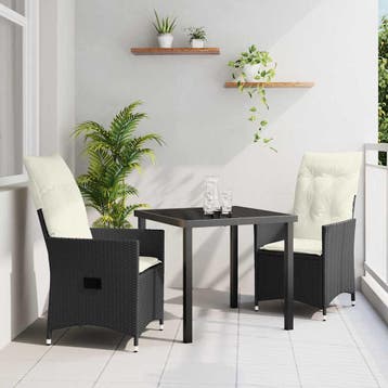 vidaXL Tuin eettafelset met kussen 3 pcs Zwart poly rattan, Tuin en Terras, Tuinsets en Loungesets, Verzenden, Nieuw, Rotan, 3 zitplaatsen