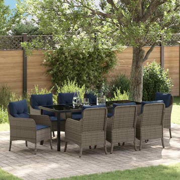 vidaXL Tuin eettafelset met kussen 9 pcs Grijs poly rattan, Verzenden, Nieuw, Rotan, Meer dan 8 zitplaatsen