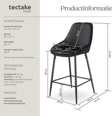 2dekans | tectake® - Set van 2 Barkrukken Siera -, Ophalen of Verzenden, Zo goed als nieuw, Zwart