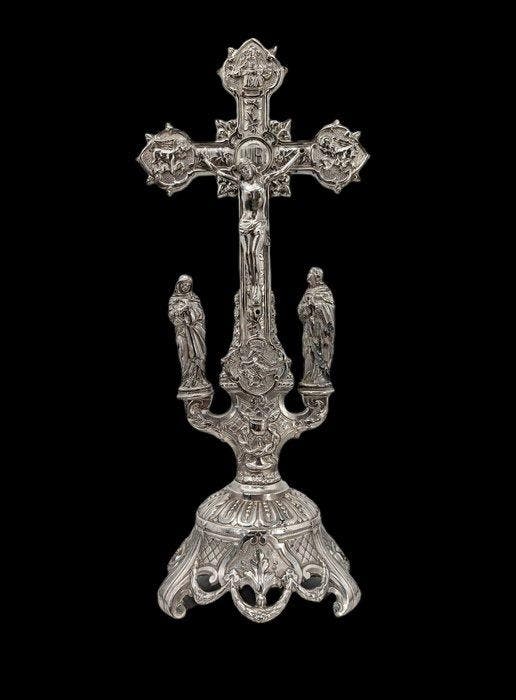 Crucifix - Verzilverd - Begin van de twintigste eeuw -, Antiek en Kunst, Antiek | Boeken en Bijbels