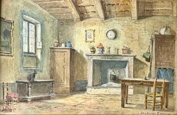 Arturo Ferrari (1861-1932) - Interno Rustico con Camino, Antiek en Kunst