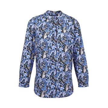 Milano Italy • blauwe blouse met luipaarden • 36, Maat 36 (S), Verzenden, Blauw, Milano Italy