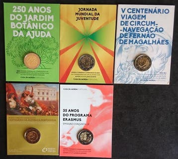 Portugal. 2 Euro Various Years (5 moedas) (Zonder
