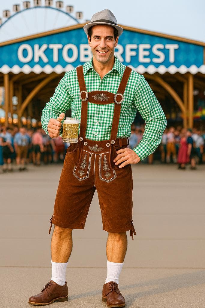 Groen Oktoberfest Kostuum met Bruine Lederhosen - Maat M, Kleding | Heren, Carnavalskleding en Feestkleding, Nieuw, Maat 48/50 (M)