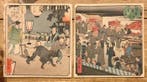 Twee Japanse houtblok prenten met levendige dagtaferelen -