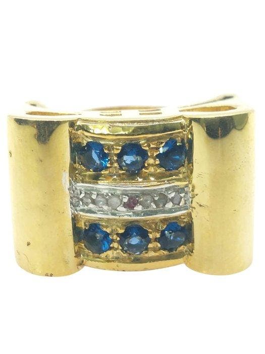 Zonder minimumprijs - Ring - 9 kt. Zilver, Geel goud Saffier, Sieraden, Tassen en Uiterlijk, Ringen