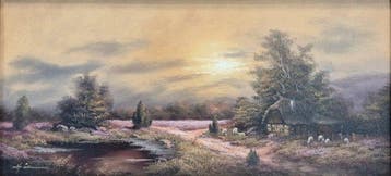 Duitse school (XX) - Reetdachkate in der Heide bei, Antiek en Kunst