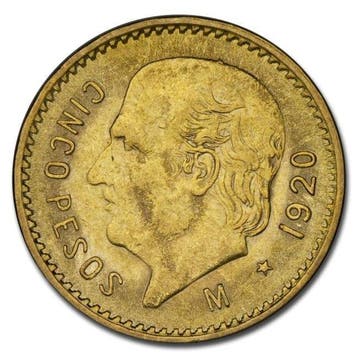 Mexico. 5 Pesos 1920 Mexican 5 Pesos Hidalgo Gold Coin