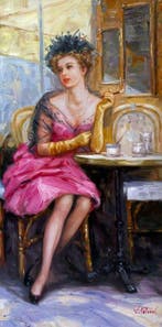 Vladimir Petrov (1945) - Élégante Parisienne au Café ~, Antiek en Kunst