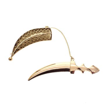 Gouden broche van een Arabische dolk; Filigrain, Ophalen of Verzenden, Gebruikt, Overige kleuren, Goud
