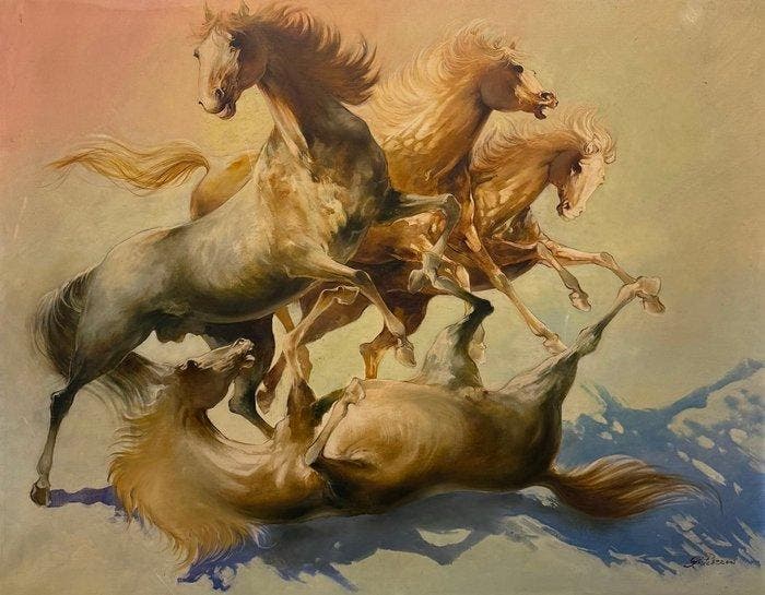 Gianfranco Pellizzoni (1937-?) - I Cavalli, Antiek en Kunst, Kunst | Schilderijen | Klassiek