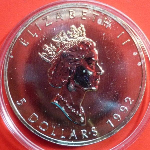 Canada. 5 Dollars 1992 Maple Leaf 1 Ounce Silver 9999, Postzegels en Munten, Munten | Europa | Niet-Euromunten