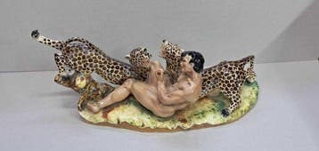 sculptuur, Tarzan che lotta con il leopardo - 22 cm -