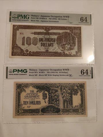Malaya. - 10, 100 Dollars - 1942/1945 - Pick M7, M9c (Zonder, Postzegels en Munten