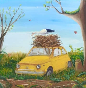 Monica Zambon - Auto gialla con nido e cicogna - L arte del