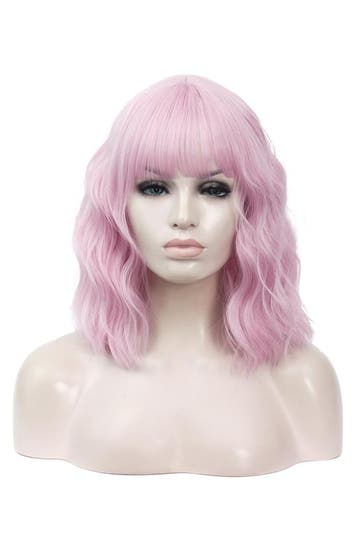 KIMU® Luxe Lichtroze Pruik Schouderlengte Rechte Pony Krulle, Ophalen of Verzenden, Nieuw, Carnaval