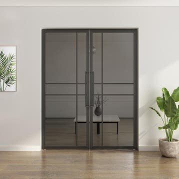 Dubbele stalen taatsdeur Zwart 6 Vlaks  Rook glas Luxe desig, Minder dan 80 cm, Overige typen, Nieuw, Metaal
