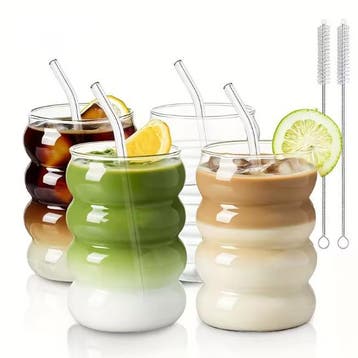 Set van 2 Geribbelde Glazen Bekers met Rietjes 350ml Vintage, Antiek en Kunst, Verzenden