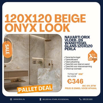 Beige onyxlook glans 120x120 - Palletdeal 18m² €346, Doe-het-zelf en Verbouw, Tegels, 60 cm of meer, Nieuw, Ophalen of Verzenden