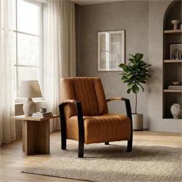 Leren fauteuil Glamour - Vintage Cognac (cognac), Huis en Inrichting, Nieuw, Ophalen of Verzenden, 50 tot 75 cm, Industrieel, Modern, Retro