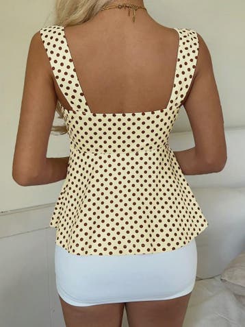 Dames Polka Dot Cami Top - Geel met Bruine Stippen & Strikde, Verzenden