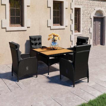 vidaXL 5-delige Tuinset poly rattan en acaciahout zwart, Verzenden, Nieuw, 4 zitplaatsen, Tuinset