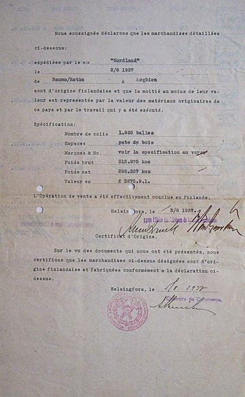 Themacollectie - 1937 Finse NOKIA Certificaat van Oorsprong