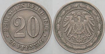 20 Pfennig 1892 D Kleinmunten-kaiserreich Grosser Adler, Verzenden